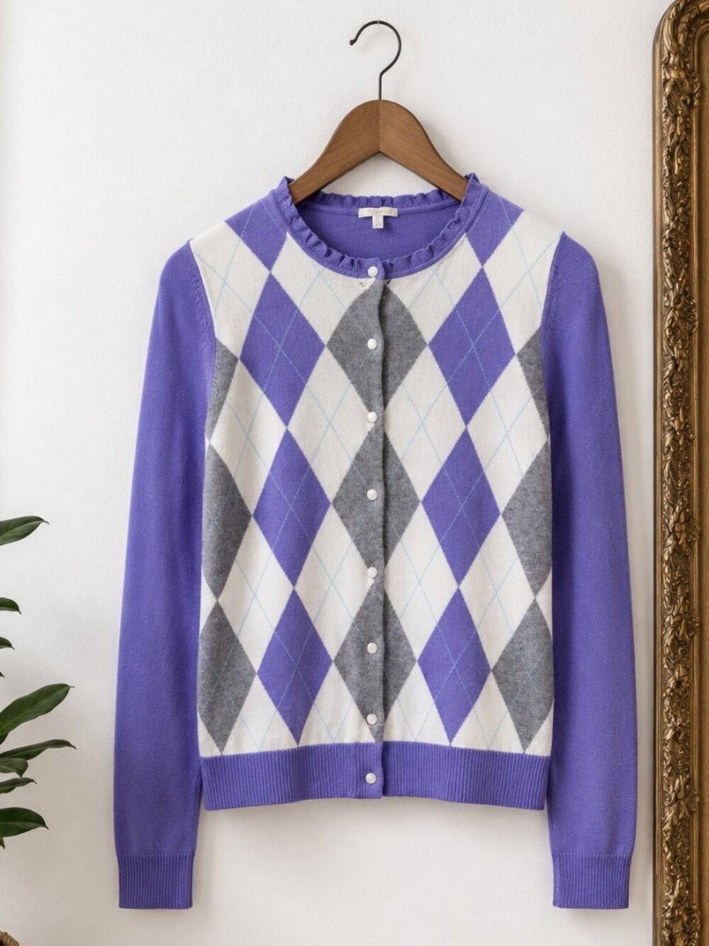 Talbots Argyle Cardigan Sweater Women's Size Small Purple Gray Ruffle Neck - Picture 2 of 9